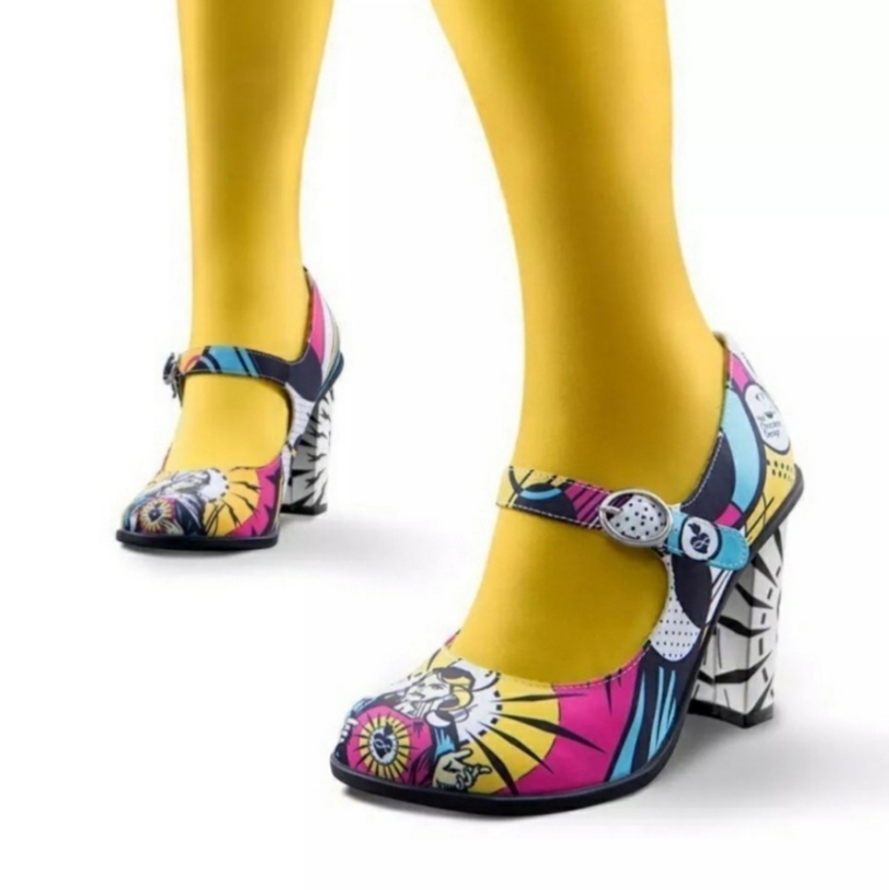 Colorful Graphic Mary Jane Heels - Pink & Yellow